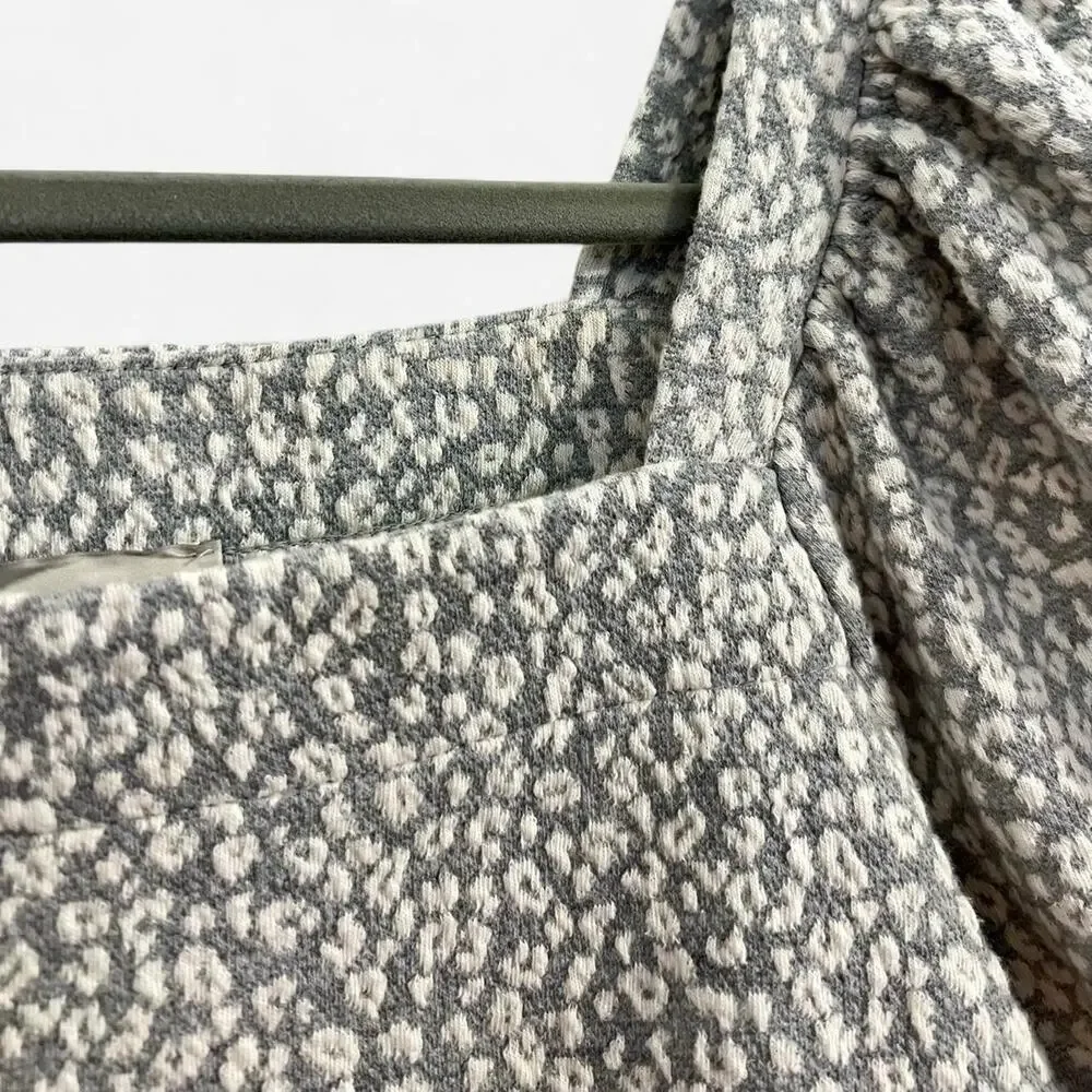 LOFT Gray + White Leopard Knit Puff Sleeve Blouse